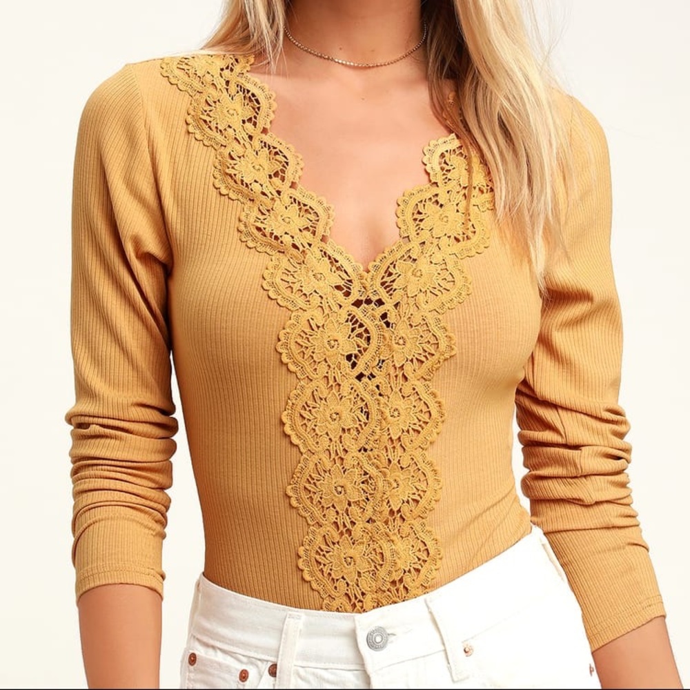 Mustard Yellow Lace Long Sleeve Bodysuit